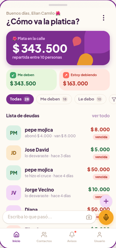 Dashboard de Contámelo mostrando balance de deudas y contactos